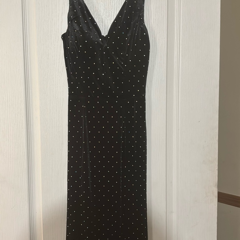 Black Sleeveless V-Neck Sheath Dress with iridescent rhinestones